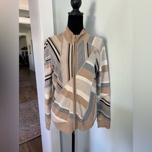 St. John wool color block zip front cardigan M ten grey black stripes
